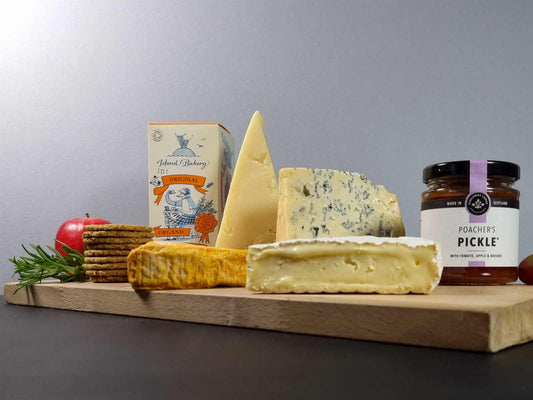 Artisan scottish cheese. cheese board, cheese box